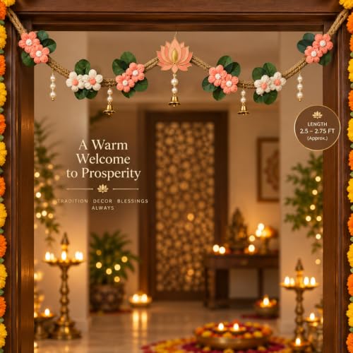 Image of Akaar Decor Artificial Marigold Door Hanging Toran | Diwali Decoration Items for Home Decor| Festive Decor| Office Decor| -(L:Approx. 2.5ft) (Crochet Bandhanwar Peach)