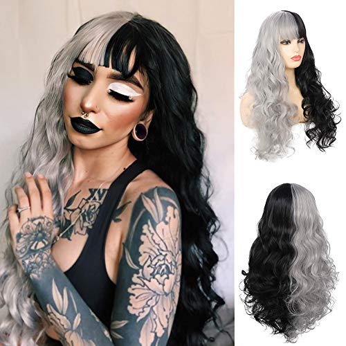 Swiking Half Black Half Grey Long Curly Wigs With Bangs for Women Fluffy Wavy Hair Natural Heat Resistant Synthetic Wig for Halloween Party Daily Cosplay