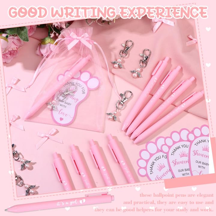 20 Sets Baby Shower Favours for Guests Includes Ballpoint Pens Angel Keychains Organza Bags Bows Thank You Cards - Image 4