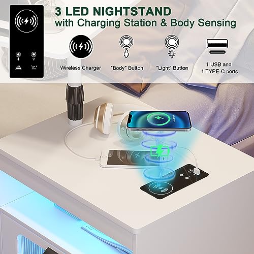 HNEBC Nightstand with Wireless Charging Station, LED Nightstand Has Adjustable Rotary Workstation,Smart Night Stand with 2 Drawers,Modern Bedside Table for Bedroom, Sensor Light/Wheel (White) - Thumbnail 3