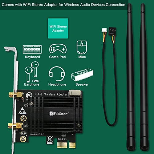 Febsmart Wifi 6E 5400Mbps Tri-Band Pcie Wifi Card For Windows 11, 10 64Bit And Linux Kernel 5.1 Desktop Pcs, 2.4Ghz 574Mbps, 5Ghz 2400Mbps And 6Ghz 2400Mbps For Gaming, Intel Wifi 6E Ax210Ngw (Ax5400) #TOP4