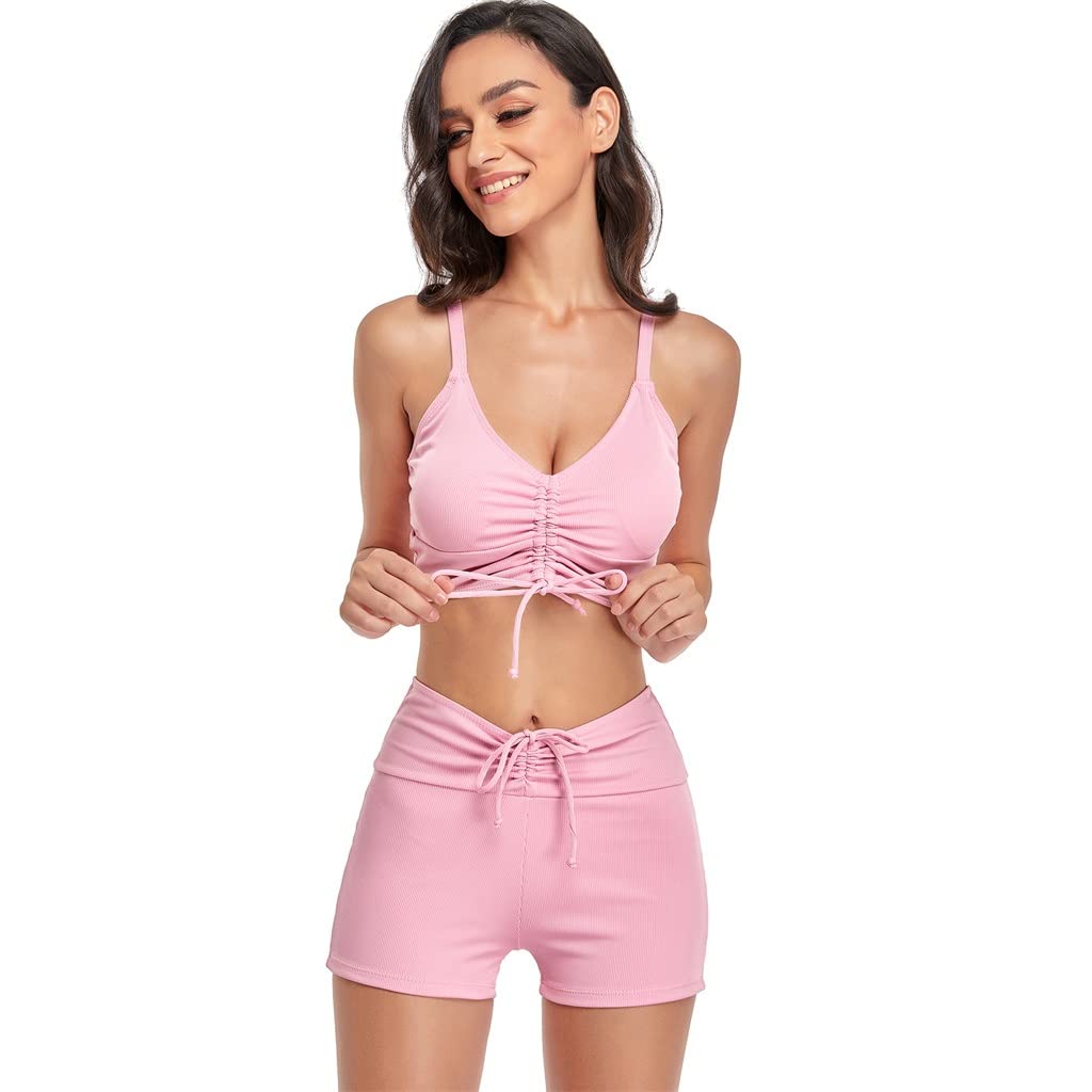 Strój kąpielowy damski bikini ze średnim stanem Strój kąpielowy damski seksowny sznurowany dwuczęściowy strój kąpielowy plażowe kostiumy kąpielowe (różowy XLcode)