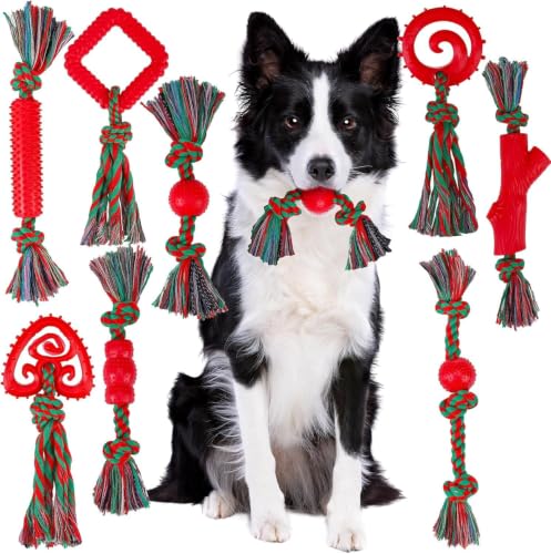  8 Pack Christmas Dog Cotton Rope & Rubber Chew Toys - image 1