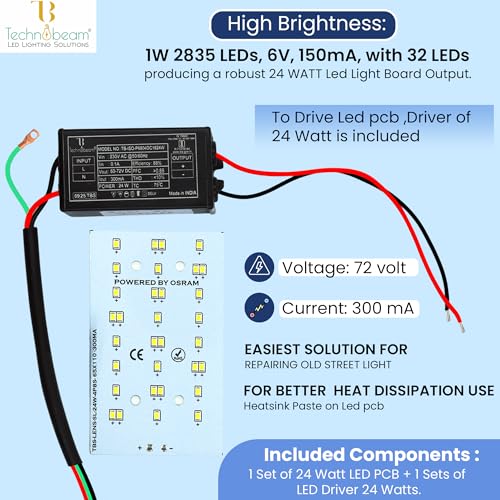 Image of Technobeam 24W LED Plate with Driver for Street Light Repair | Aluminum PCB 1.5mm | 6V 150mA LED Segments | 72V 300mA Driver Included | Durable | Ideal for Street Light Refurbishment, White, Pack of 1