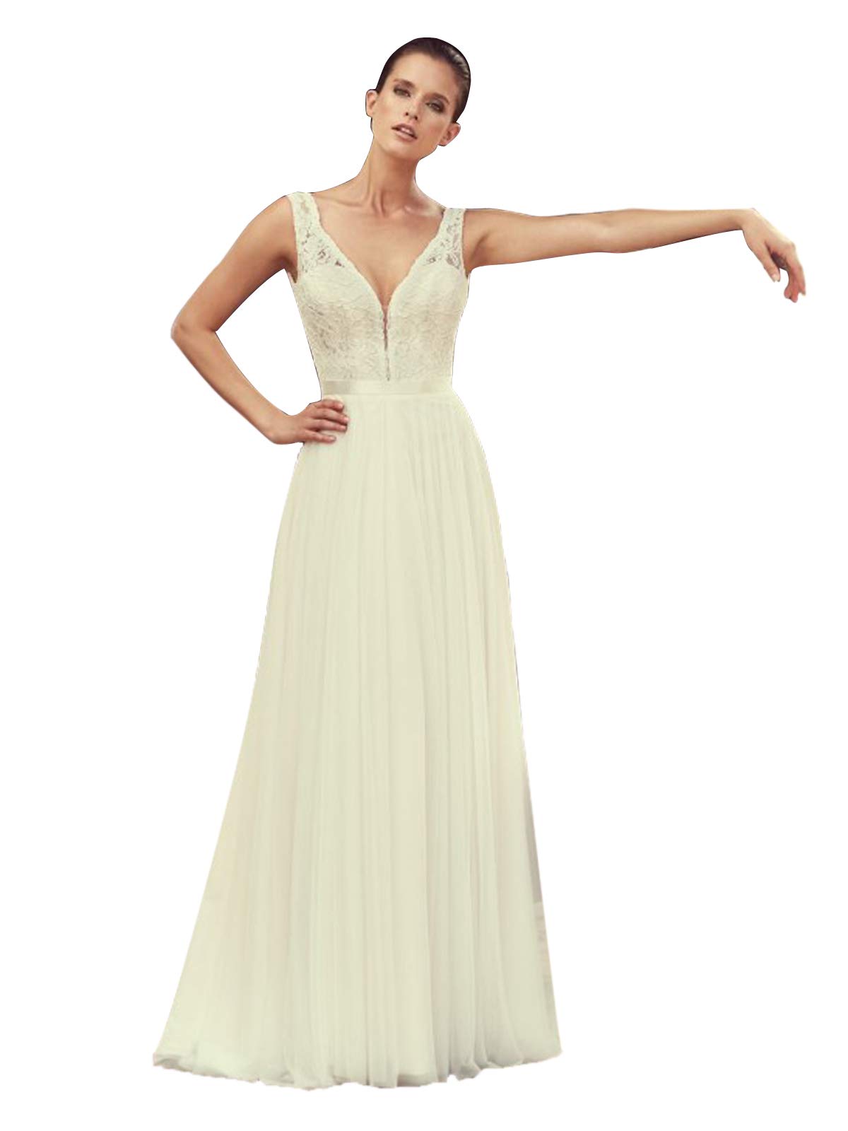 Vestido de Novia Bohemia V Cuello Sexy Encaje Largo Chifón Línea a Vestido de Novia Asuntos Civiles, Blanco, 44