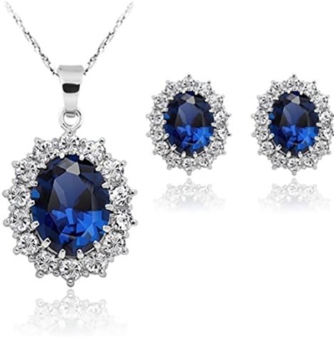 Women Princess Blue Sapphire Jewellery Pendant Necklace Earrings Set for Women Princess Diana Kate Middleton's Jewellery Set