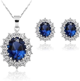 Women Princess Blue Sapphire Jewellery Pendant Necklace Earrings Set for Women Princess Diana Kate Middleton's Jewellery Set