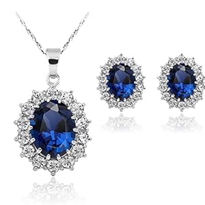 Women Princess Blue Sapphire Jewellery Pendant Necklace Earrings Set for Women Princess Diana Kate Middleton’s Jewellery Set