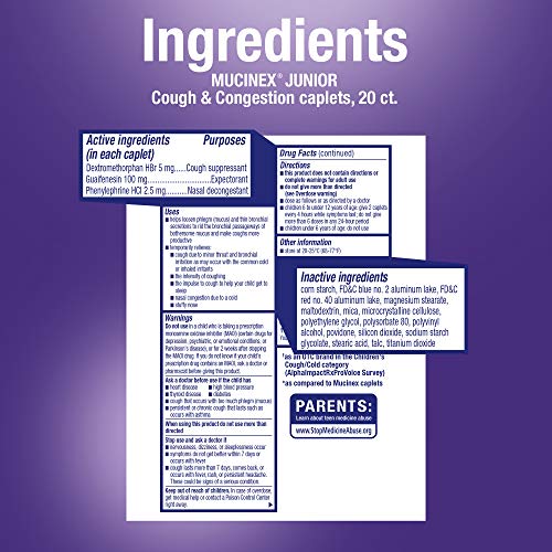 Nasal Decongestant, Cough Suppressant & Expectorant, Junior Cough & Congestion Caplets, 20Ct, Ages 6+ Years, Thins & Loosens Mucus & Relieves Chest Congestion, Cough & Stuffy Nose By Mucinex #TOP1