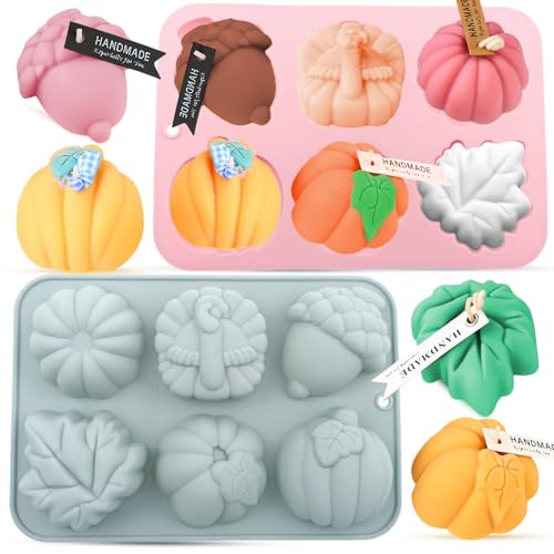 2-Pack Thick Thanksgiving Silicone Molds - 6-Cavity Non-Stick Fall Baking Molds with Turkey Pumpkin Pinecone Leaves - DIY Chocolate Cheesecake & Candles Making