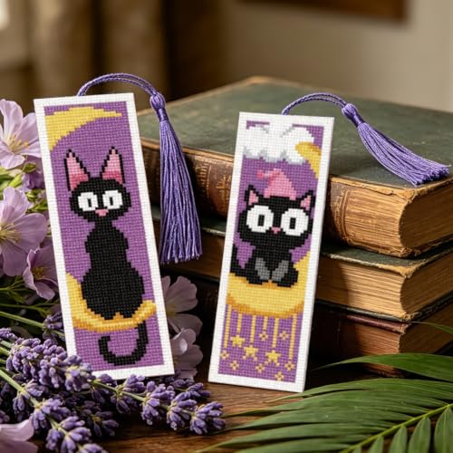 Image of ACRNIGHEET 6PCS Cross Stitch Bookmark Kit for Beginner Stamped Cross Stitch Kits for Adults Cute Cat & Moon DIY Tassel Embroidery Bookmark Kits Needlepoint Kit with Instructions Gift 8.5''x3'' 11CT
