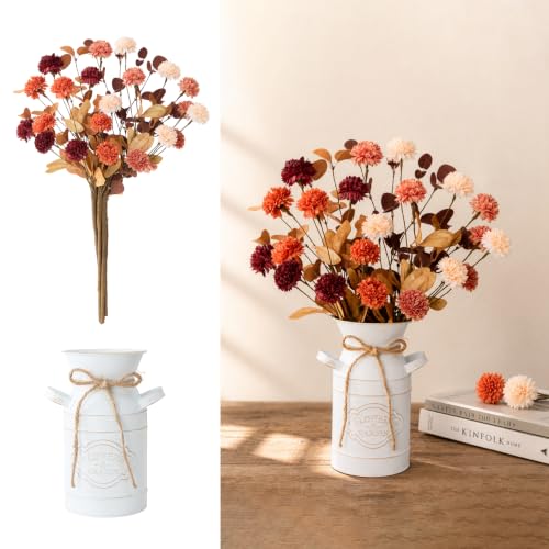Image of Fall Thanksgiving Table Decorations, Farmhouse Centerpieces for Tables | Fall Thanksgiving Table Centerpieces Decor for Home Dining Table with Artificial Ball Chrysanthemums, Vintage Metal Vase