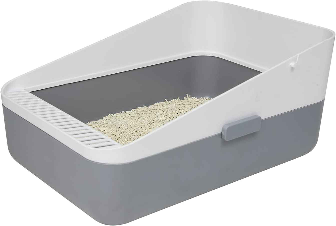 RIZZARI Open Cat Litter Box,High Side Kitty Litter Box Anti-Splashing Cat Litter Pan,Cat Toilet Easy to Scoop and No Odor for Small Medium Cats (Gray, M)