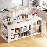 IBF 71' Large Kitchen Island with Storage, White Faux Marble Island Table with Seating for 4-6, Stationary Island Cabinet with Drawers, Fridge Space, Modern Wood Counter Height Island Bar, Only Table