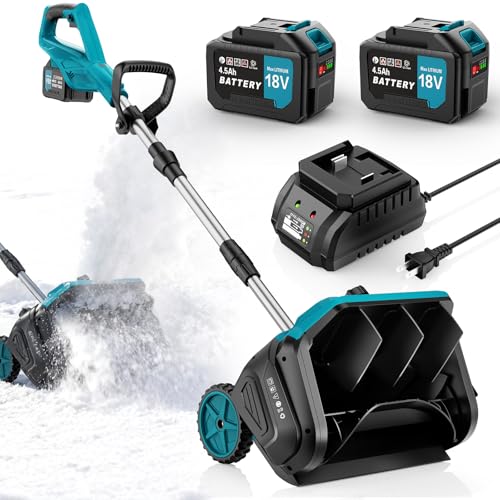 Cordless Snow Shovel with Wheels, 17-Inch Brushless Motor Electric Snow Blower, 60° Adjustable Chute, 25ft Throwing Distance, 18V 2x4.5-Ah Winter Ice Removal Tool for Driveway Sidewalk Patio
