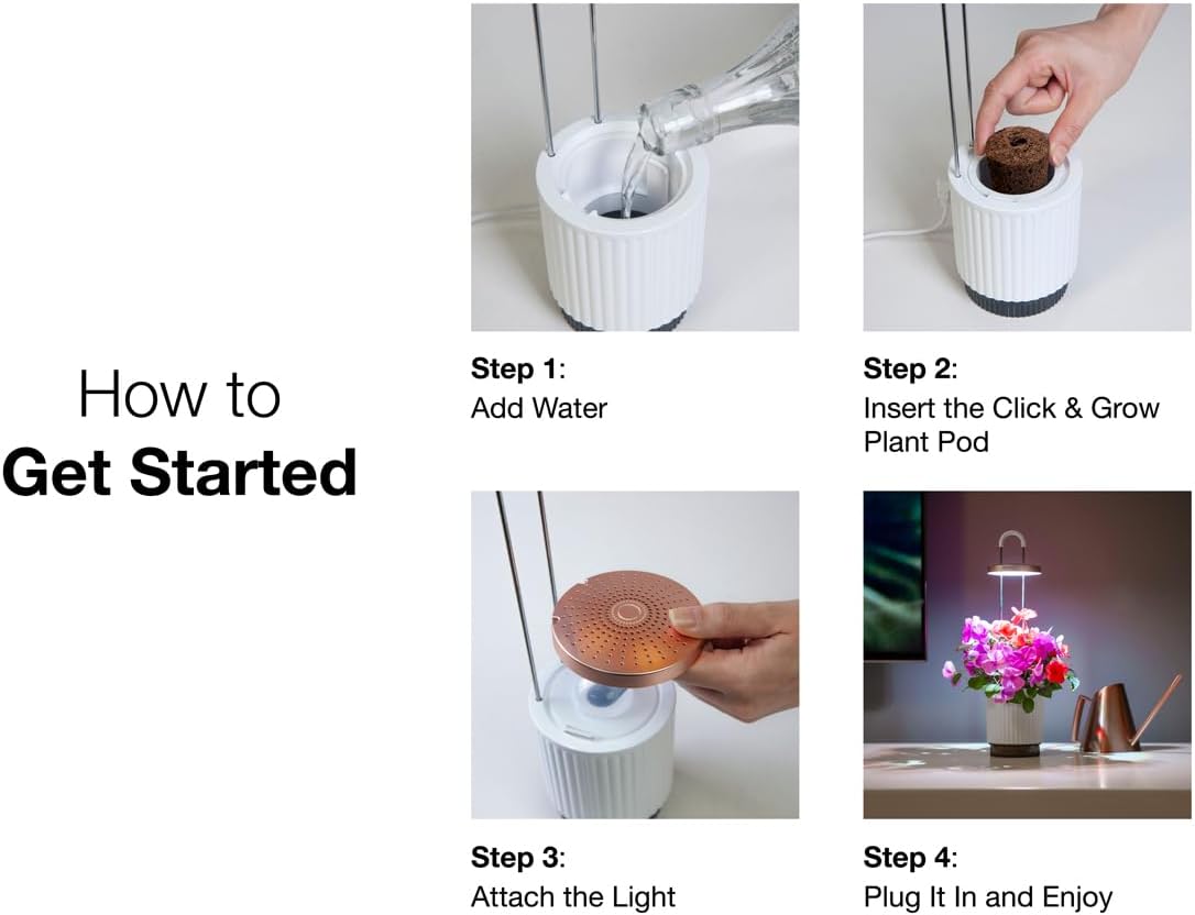 Mini Smart Planter Kit with Petunia Plant Pods by Click&Grow, Hydrovase Indoor Garden, Self-Watering Pot with Grow Light (White)