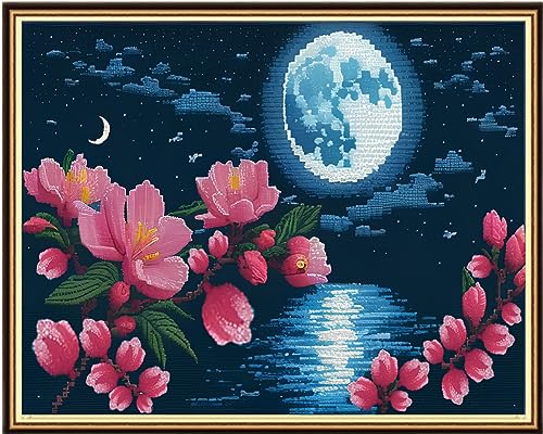Image of Findvoor Stamped Cross Stitch Kits for Beginners Full Range of Cross Stitching Embroidery Pattern for Adults, 11CT DIY Needlepoint Embroidery Starter Kits-Moon Peach Blossom 15.7x19.7 inch