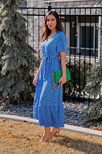 Image of PRETTYGARDEN 2023 Women's Floral Summer Dress V Neck Short Sleeve Ruffle Hem A-Line Boho Maxi Dresses