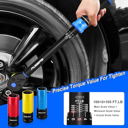 Image of 10-170FT 1 /2'' Torque Wrench Socket Set, 17mm 19mm 21mm Wheel Sockets with 3 /8 inch Drive Adapter and Extension Bar 72 Tooth, High Accuracy Laser Marking Scale for Auto Motorcycle Repair