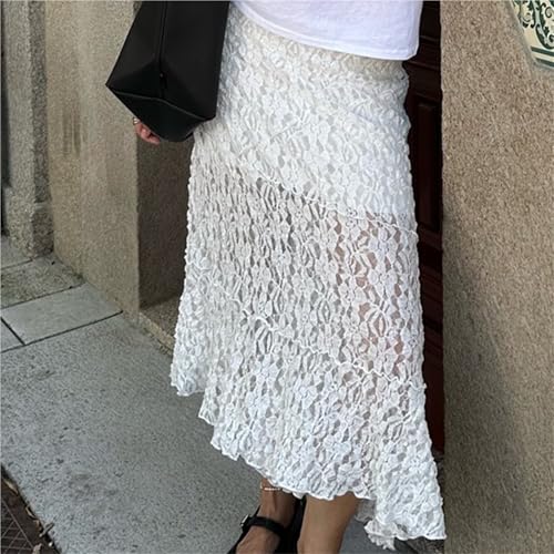 Women Lace Midi Skirt Floral Sheer See-Through Irregular Hem A-line Skirt Fairy Streetwear Chic Long Skirt(Small)3