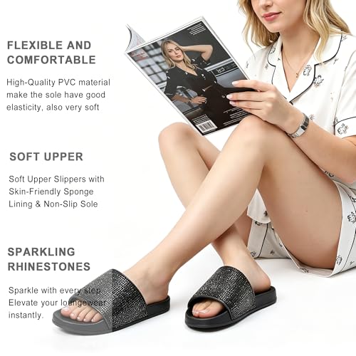 Image of Fur Story Womens Slides House Slippers Rhinestone Glitter Slides Cute bling Flat for Women Platform Sandals Cozy Bedroom Slippers Shower Shoes