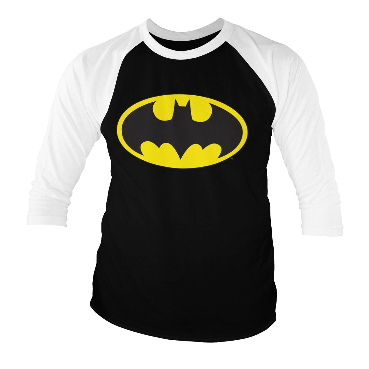 BATMAN Officially Licensed Signal Logo Baseball 3/4 Sleeve T-Shirt (White-Black), XX-Large