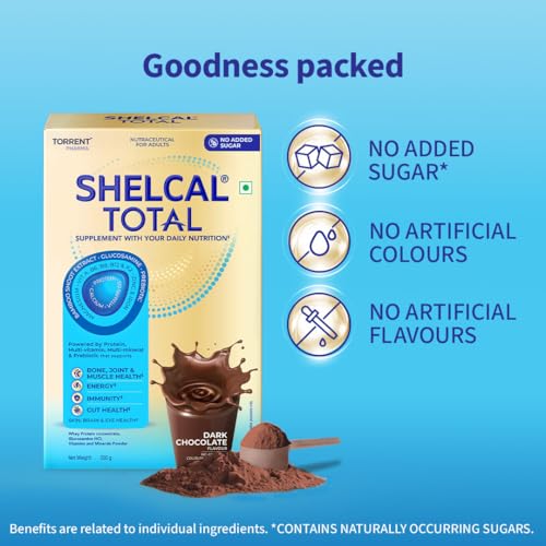 Image of Shelcal Total - Powered by Protein, Multi-Vitamin, Multi-Mineral & Prebiotic supports Bone, Joint & Muscle, Immunity, Gut Health and more - No Added Sugar (Dark Chocolate) 200g - By Torrent Pharma