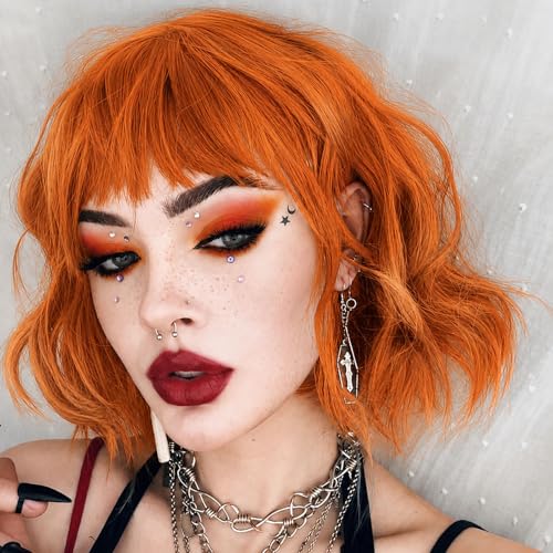 Rose bud Orange Wavy Bob Wig for Women Short Curly Wigs with Bangs
