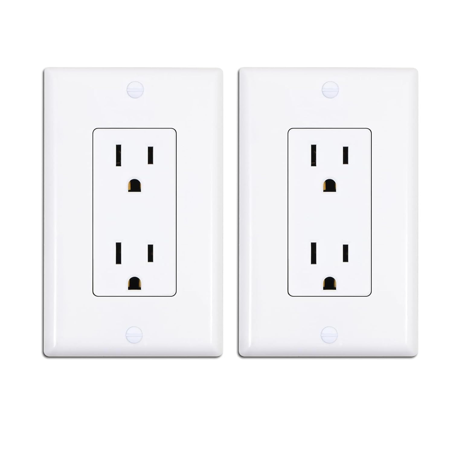 Decorator Receptacle Outlet with Wall Plate, Non-Tamper-Resistant Electrical Outlet, 15Amp/125V, Self-Grounding, UL Listed, White (2 Pack)