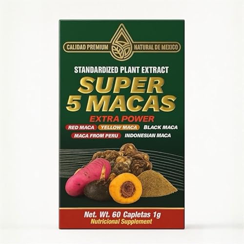 Super 5 Macas – Suplemento Natural Premium - Extra Power con Maca Roja, Amarilla, Negra, del Perú e Indonesia - Energy, Vitality & Hormonal Balance Support - 60 Capletas 1g