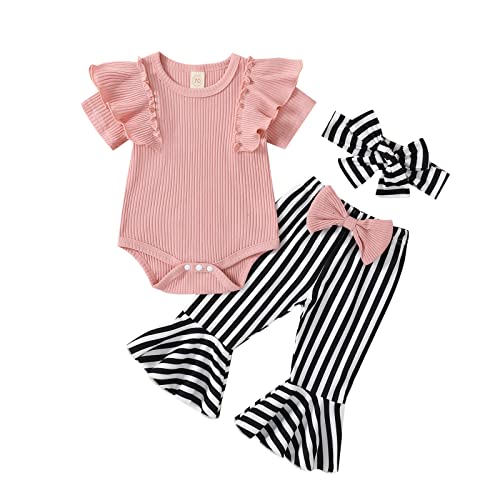 Image of ADXSUN Newborn Baby Girl Summer Clothes Ribbed Ruffled Romper+Striped/Floral/Cow/Leopard Flared Pants Infant Outfit