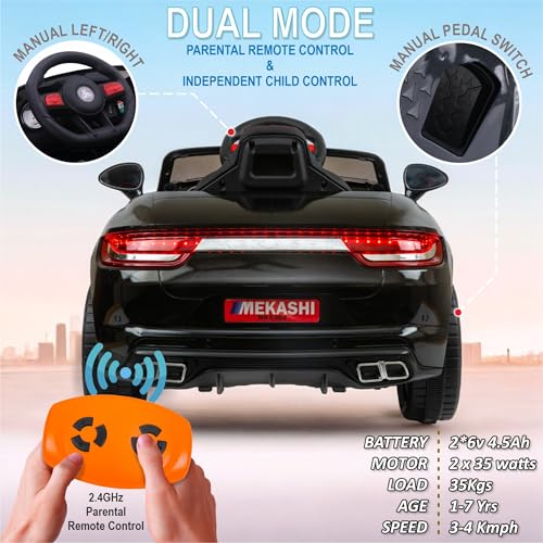 Image of MEKASHI Electric Ride-On Car for Kids 1-7 Years, 12V Battery, Remote Control, 5 Speed, LED Lights, Bluetooth, Metallic Black