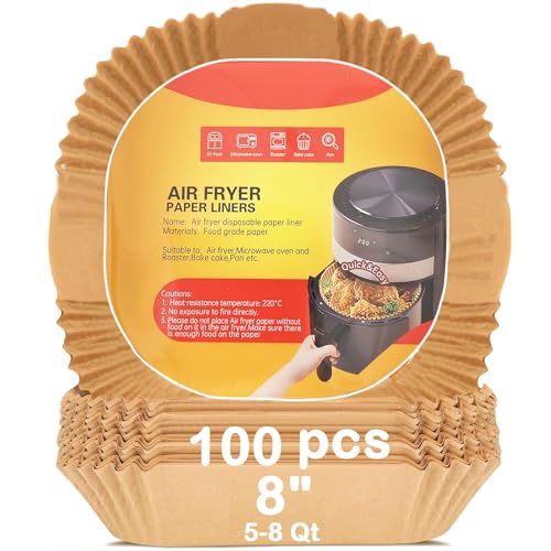 8'' Air Fryer Liners Disposable 100pcs - Non Stick Grease Proof Parchment Paper, Fits 5-8 Quart Baskets & Oven Baking