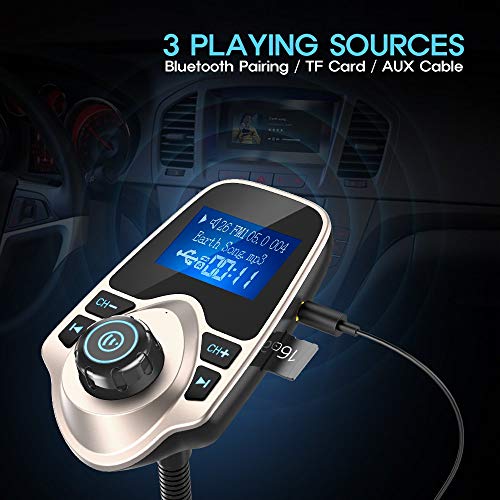 Image of Nulaxy Bluetooth Car FM Transmitter Audio Adapter Receiver Wireless Handsfree Voltmeter Car Kit TF Card AUX 1.44 Display - KM18 Golden