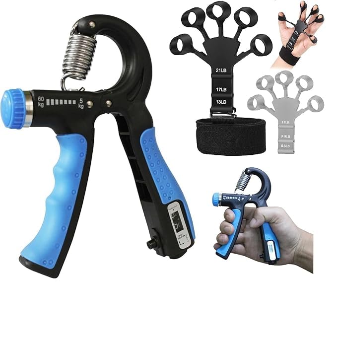 Grip Strength Combo Kit | Adjustable Hand Gripper (5–60 kg) with Finger Exerciser | Forearm, Wrist & Finger Strength Training Set for Gym, Home, Office, Rehab & Physiotherapy