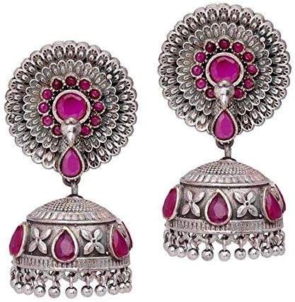 Trijya Exports Red Dancing Peacock RUBY Stone Look Like Original Silver Oxidised Jhumka Earrings for Women