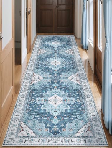 SERISSA Boho Washable Runner Rug, 2'6"x10' Long Non-Slip Vintage Blue Hallway Kitchen Stair Runner Rug Ultra Soft Print Distressed Floor Carpet for Bedroom Bathroom Laundry Room
