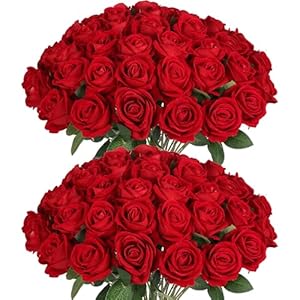 50 PCS Fake Red Roses, Artificial Red Flowers Bulk Realistic Silk Faux Rose with Stems for Wedding Decoration Anniversary Bridal Bouquet DIY Floral Arrangement Romantic Home Decor Gifts