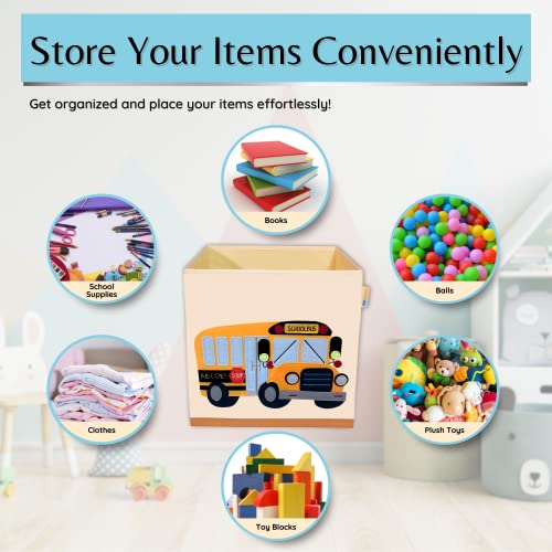 Product 4 Kids - Washable Cube Storage Organizer Bins, Foldable Canvas Toy Organizers and Storage for Toys, Books, Clothes- Kids Storage Bins for Bedroom or Playroom -13x13x13 Inch (School Bus)