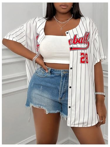 WDIRARA Camisa feminina de beisebol plus size listrada com letras estampadas com botões e manga curt