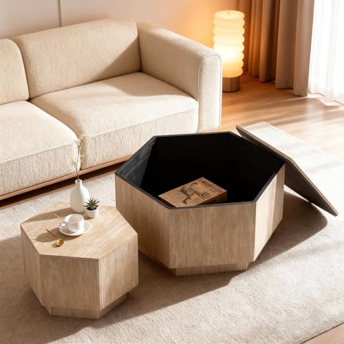Hexagonal Nesting Coffee Tables with Hidden Storage, Set of 2, Modern Travertine Coffee Table with Anti-Slip Foot Pads, Space Saving Center End Side Tables for Living Room Farmhouse Apartment Office