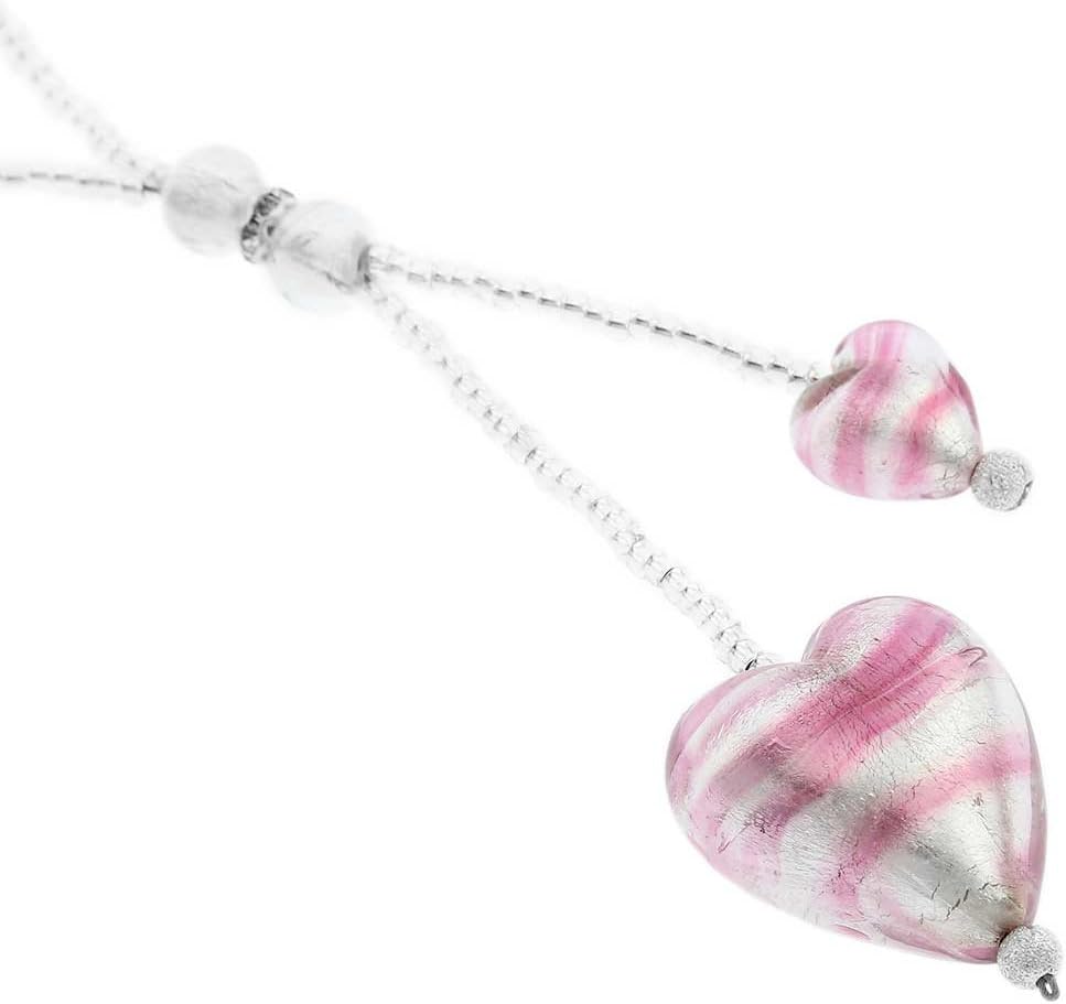 Glass Of Venice Murano Glass Heart Tie Necklace - Striped Silver Pink