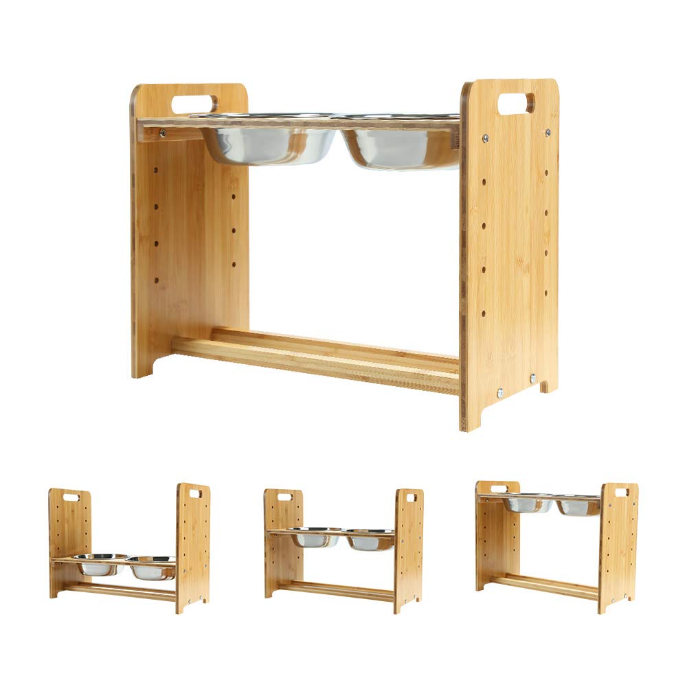 YY FOREYY Soporte para Mascotas Elevado Ajustable para Gatos y Perros con 4 Cuencos, comedero Elevado de bambú para Perros y Gatos y comedero para Agua con Cuencos de Acero Inoxidable(Grande)