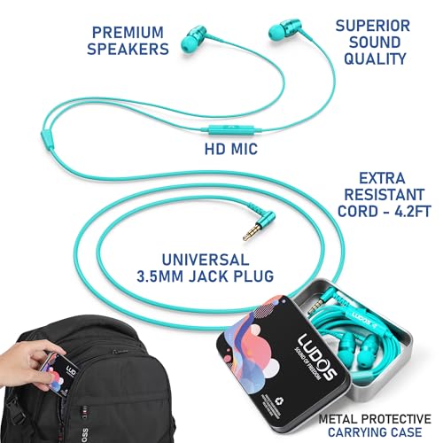 Image of LUDOS OMNITONE Wired Earbuds in-Ear Headphones, 5 Year Warranty, Earphones with Microphone, 3.5 mm Jack Corded Ear Buds, Videoconference for iPhone, Samsung, Laptop, Kids, School Students - Turquoise