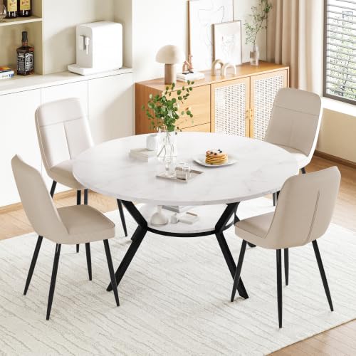 Image of 120cm Round Dining Table and Chairs Set 4, Kitchen Table with Storage Shelf