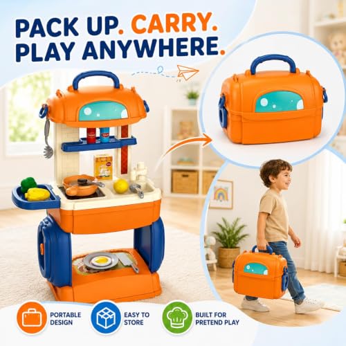 Image of 31-Piece Pretend Play Kitchen Set for Kids, Portable Toy Cooking Set with Stove, Sink, Storage, Cookware, Play Food & Utensils, Gift for Girls & Boys Ages 3+