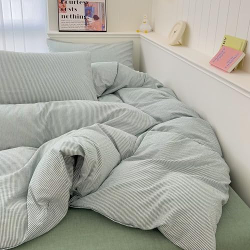 Image of MKXI Ultra-Fine Stripe Duvet Cover Set Queen, 100% Washed Cotton Green & White Textured Bedding, 3 Piece Breathable Comfy Farmhouse Style Duvet Cover with Pillow Shams