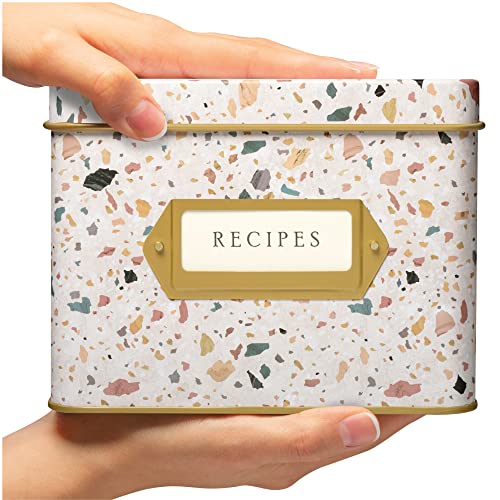 Jot & Mark Decorative Recipe Tin Box For Recipe Cards, Greeting Card Holder | Holds Hundreds Of 4” X 6” Cards (Terrazzo) #TOP1