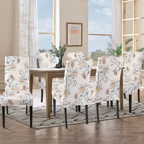 Image of SearchI Printed Dining Room Chair Covers Set of 6, Stretch Kitchen Chair Covers Washable Parsons Chair Slipcover Removable Dining Chair Protectors for Hotel,Ceremony(Elegant Blossom)