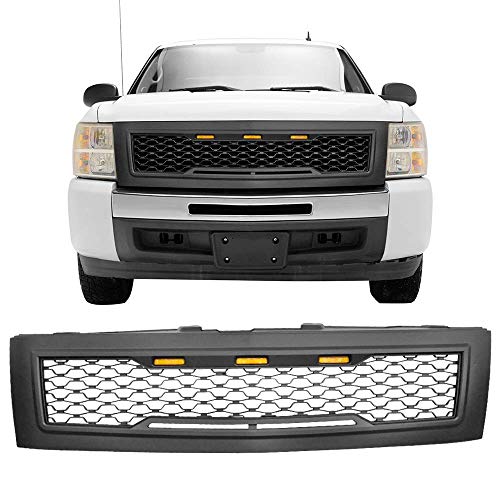 IKON MOTORSPORTS, Grille Compatible With 2007-2013 Chevrolet Silverado 1500, Front Bumper Hood Mesh Grill with Amber Signal Light Matte Black, 2008 2009 2010 2011 2012